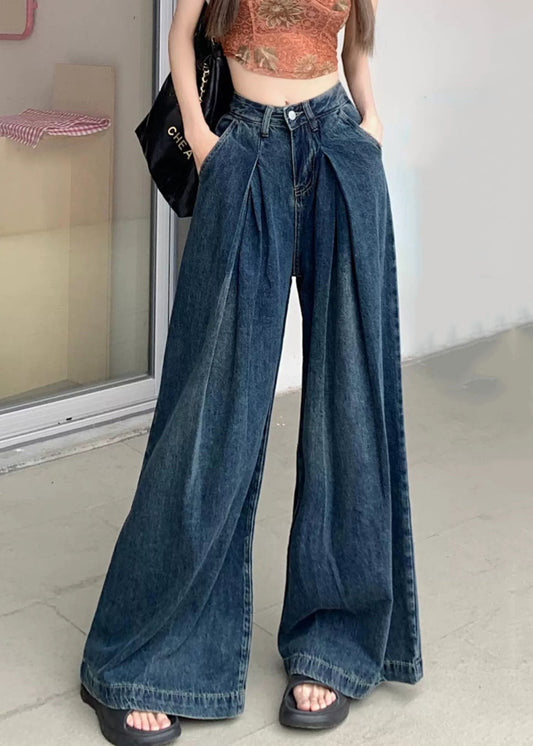 Moderne Blaue Faltentaschen Denim Weite Beinhose Sommer