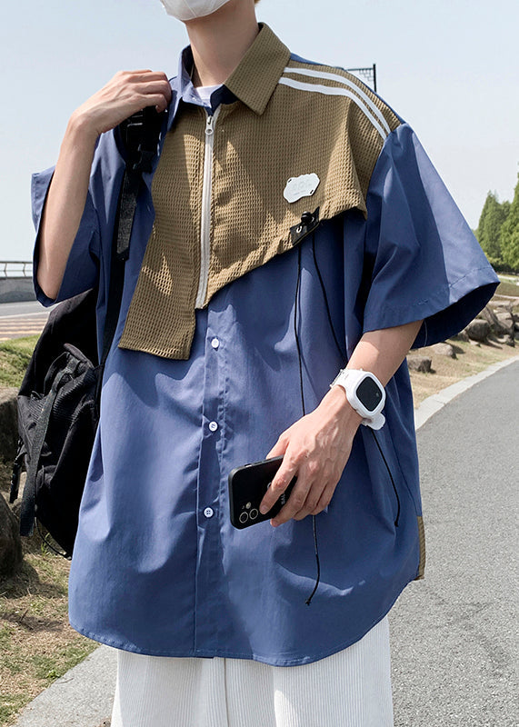 Blue Mens Patchwork Modern Cotton Half Shirts Zippered Sleeve