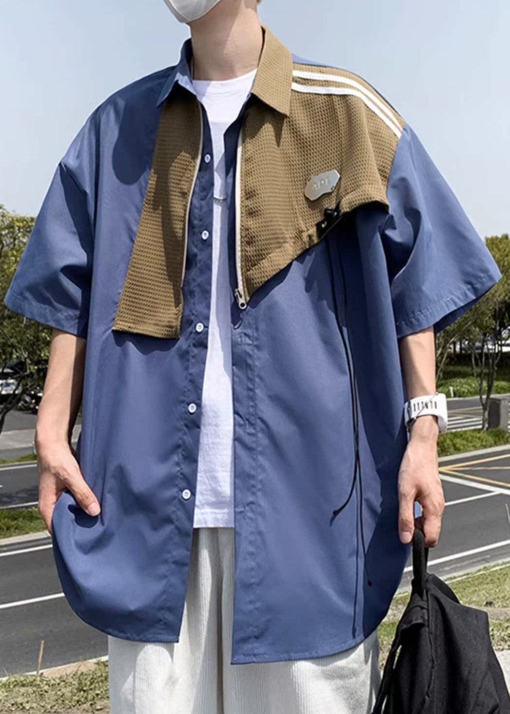 Blue Mens Patchwork Modern Cotton Half Shirts Zippered Sleeve