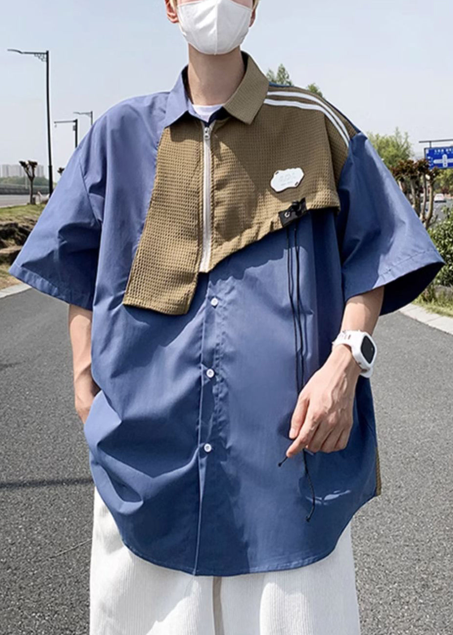 Blue Mens Patchwork Modern Cotton Half Shirts Zippered Sleeve