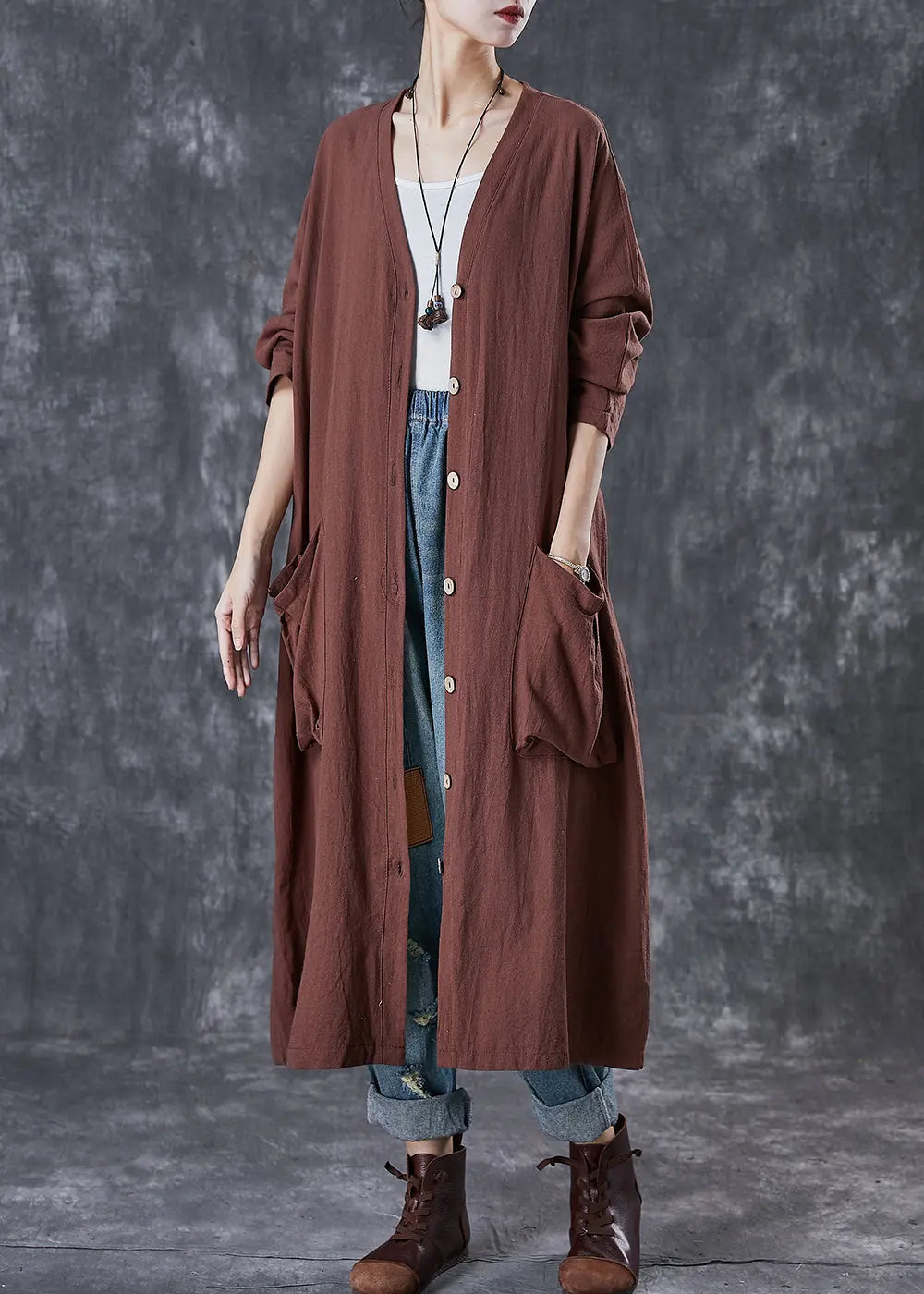 Modern Chocolate Oversized Pockets Linen Trench Spring Ada Fashion