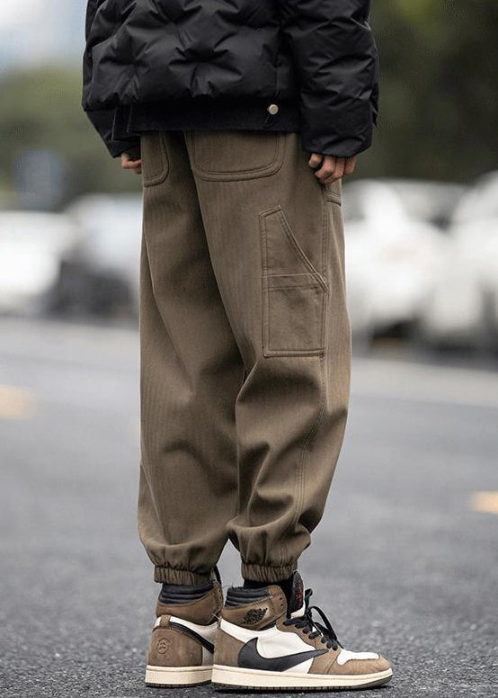 Modern Pants Pockets Waist Men Spring Coffee Elastic Beam
