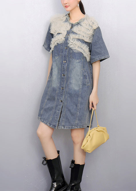 Modern Day Denim Patchwork Dress Blue Tulle Summer