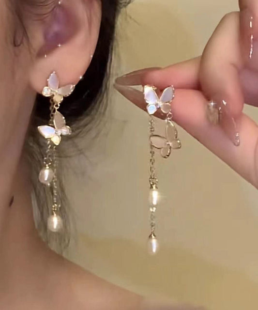 Earrings Pearl Butterfly Tassel Drop Copper Alloy Gold Modern