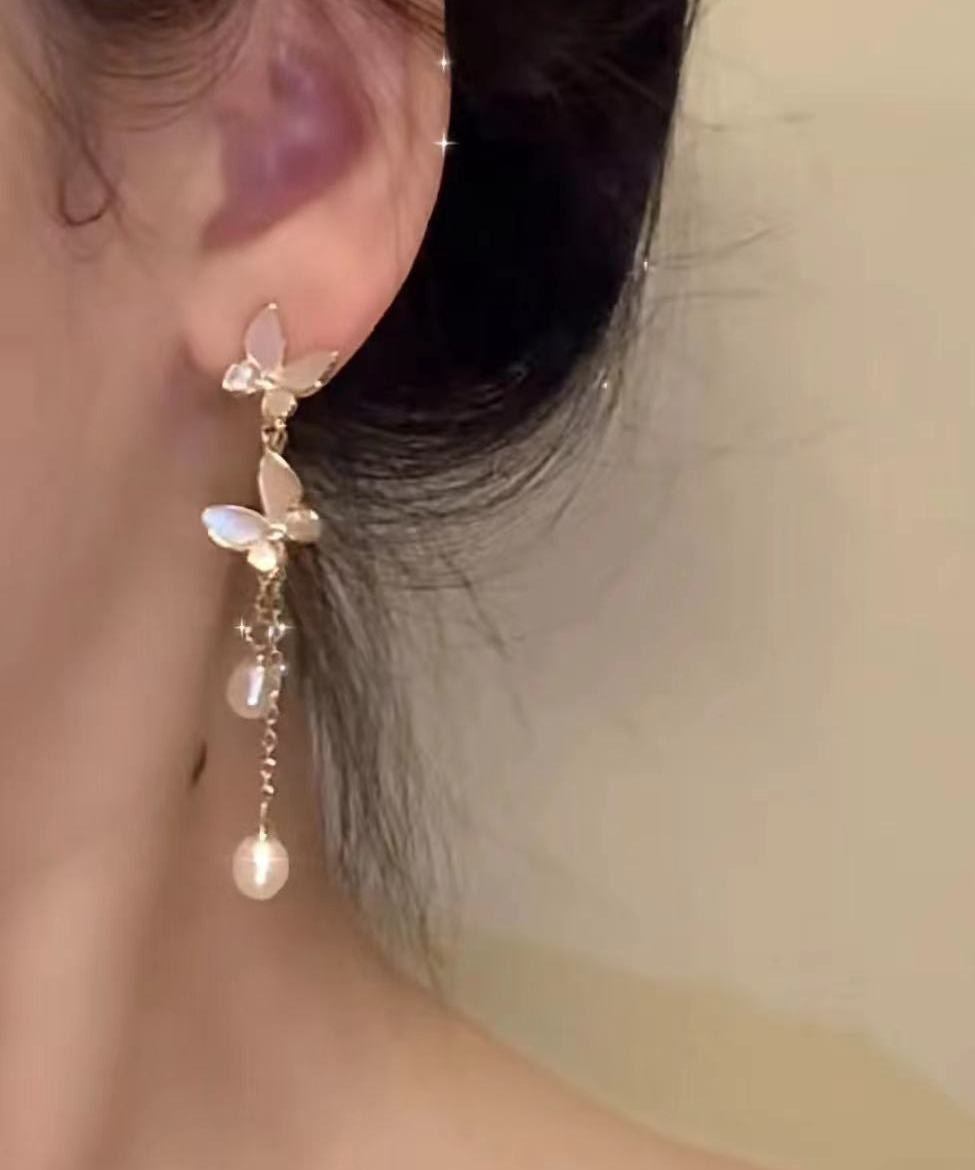 Earrings Pearl Butterfly Tassel Drop Copper Alloy Gold Modern