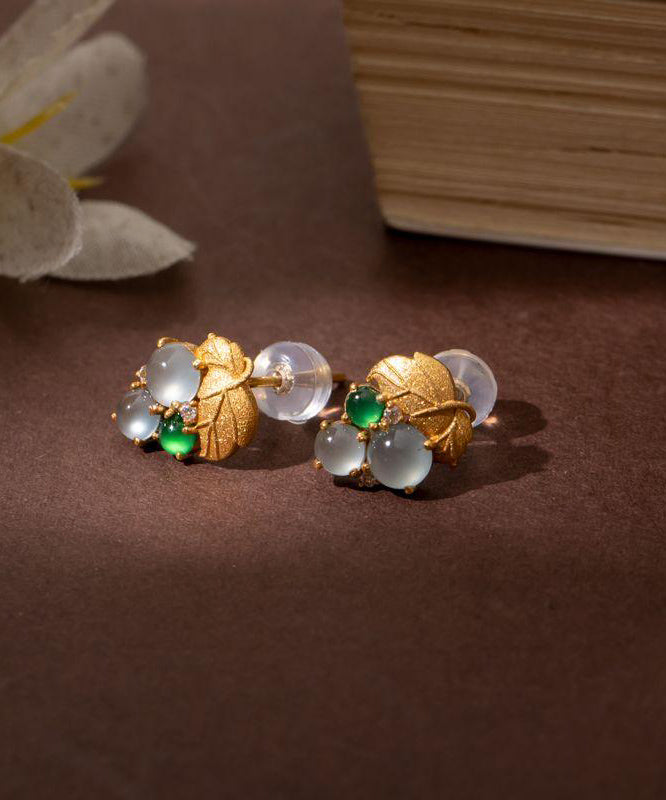 Gold Overgild Modern Grape Silver Jade Stud Earrings Sterling