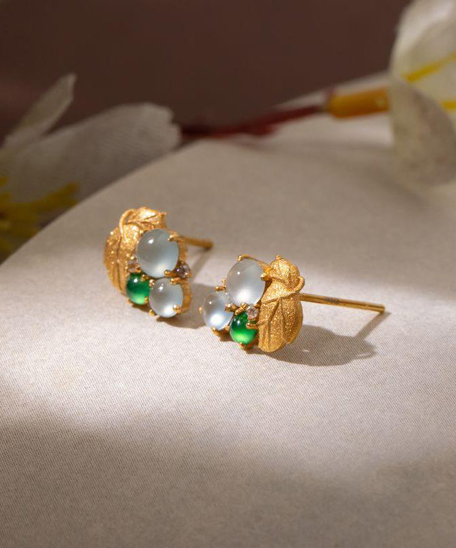 Gold Overgild Modern Grape Silver Jade Stud Earrings Sterling