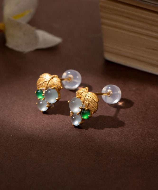 Gold Overgild Modern Grape Silver Jade Stud Earrings Sterling