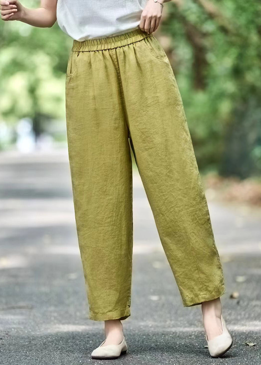 Grass Oversized Elastic Waist Modern Pants Harem Green Linen
