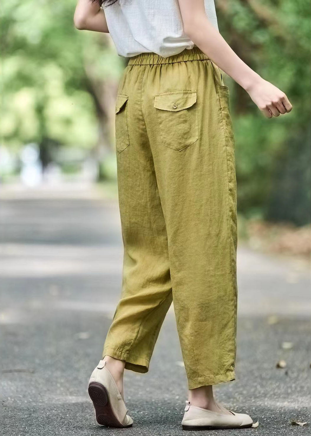 Grass Oversized Elastic Waist Modern Pants Harem Green Linen