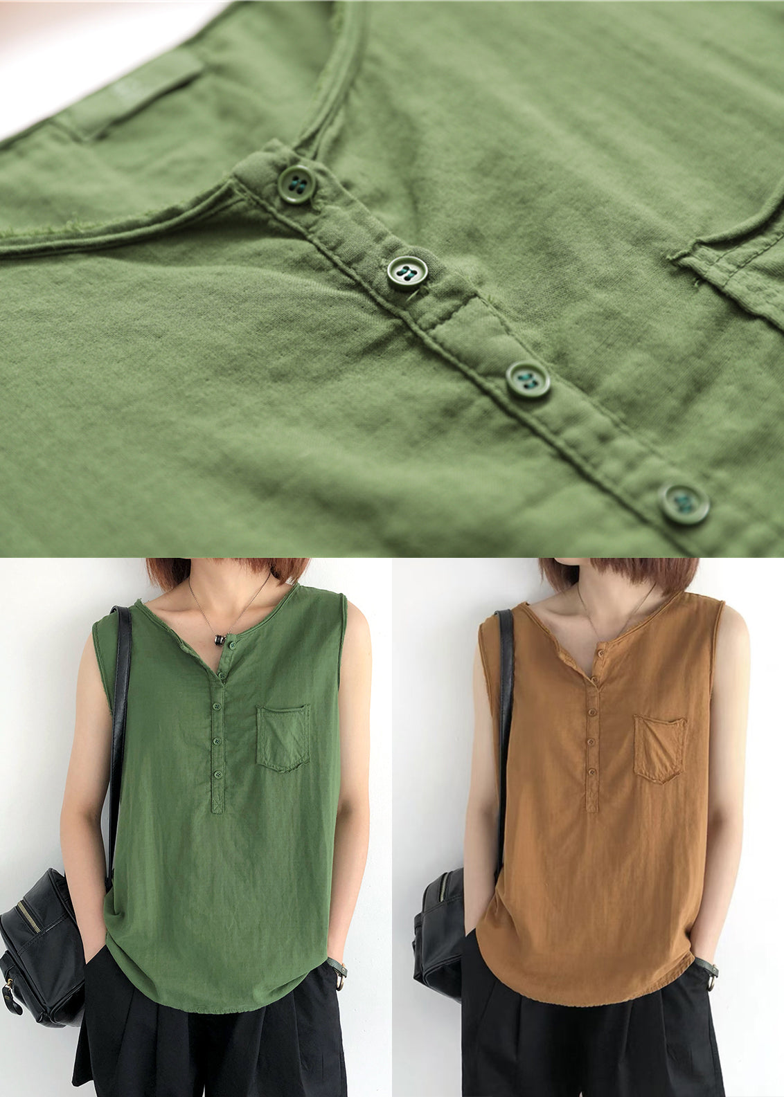 O-Neck Tops Linen Modern Sleeveless Green