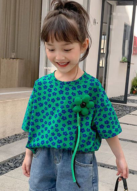 Modern Green O-Neck Print Girls T Shirt Short Sleeve YU1071