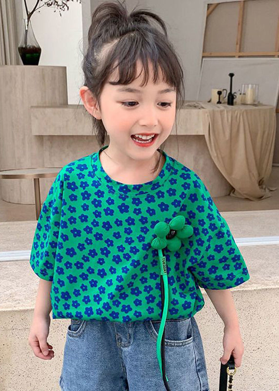 Modern Green O-Neck Print Girls T Shirt Short Sleeve YU1071