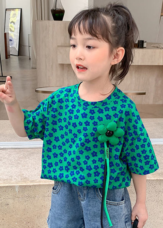 Modern Green O-Neck Print Girls T Shirt Short Sleeve YU1071