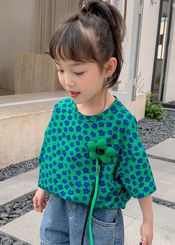 Modern Green O-Neck Print Girls T Shirt Short Sleeve YU1071