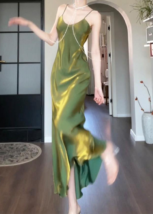 Spaghetti Slash Modern Neck Silk Strap Maxi Draping Green