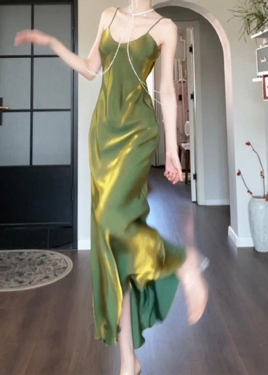Spaghetti Slash Modern Neck Silk Strap Maxi Draping Green