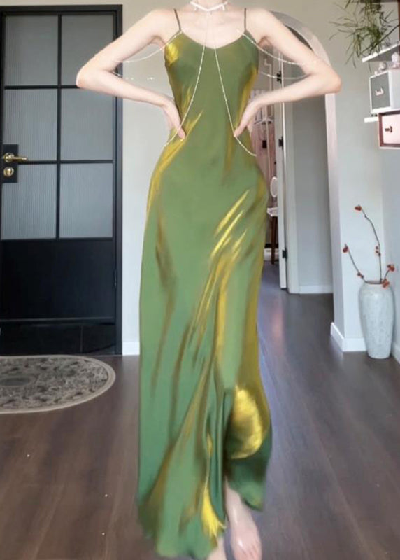 Spaghetti Slash Modern Neck Silk Strap Maxi Draping Green