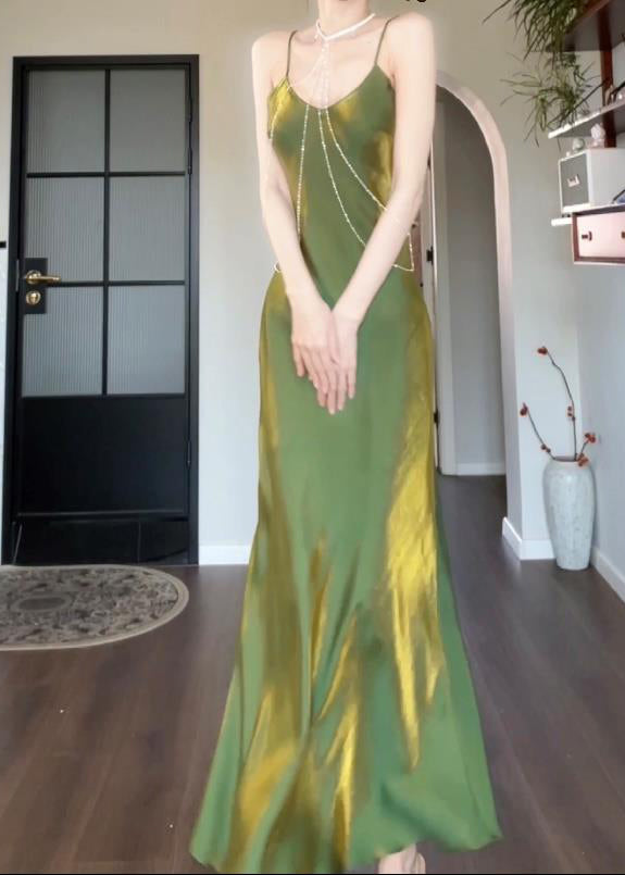 Spaghetti Slash Modern Neck Silk Strap Maxi Draping Green