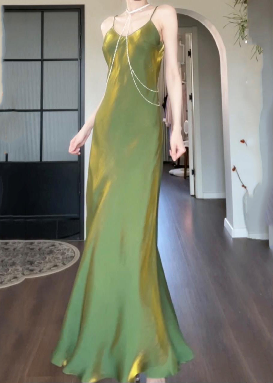 Spaghetti Slash Modern Neck Silk Strap Maxi Draping Green