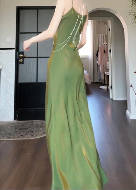 Spaghetti Slash Modern Neck Silk Strap Maxi Draping Green