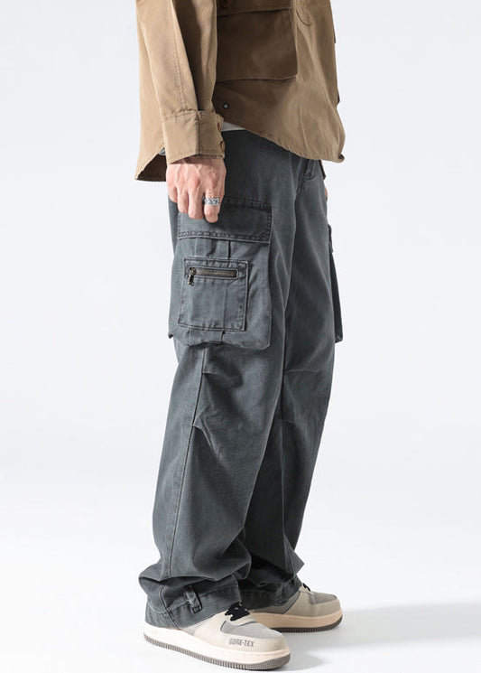 Mens Modern Spring Grey Pants Pockets Cotton Waist High