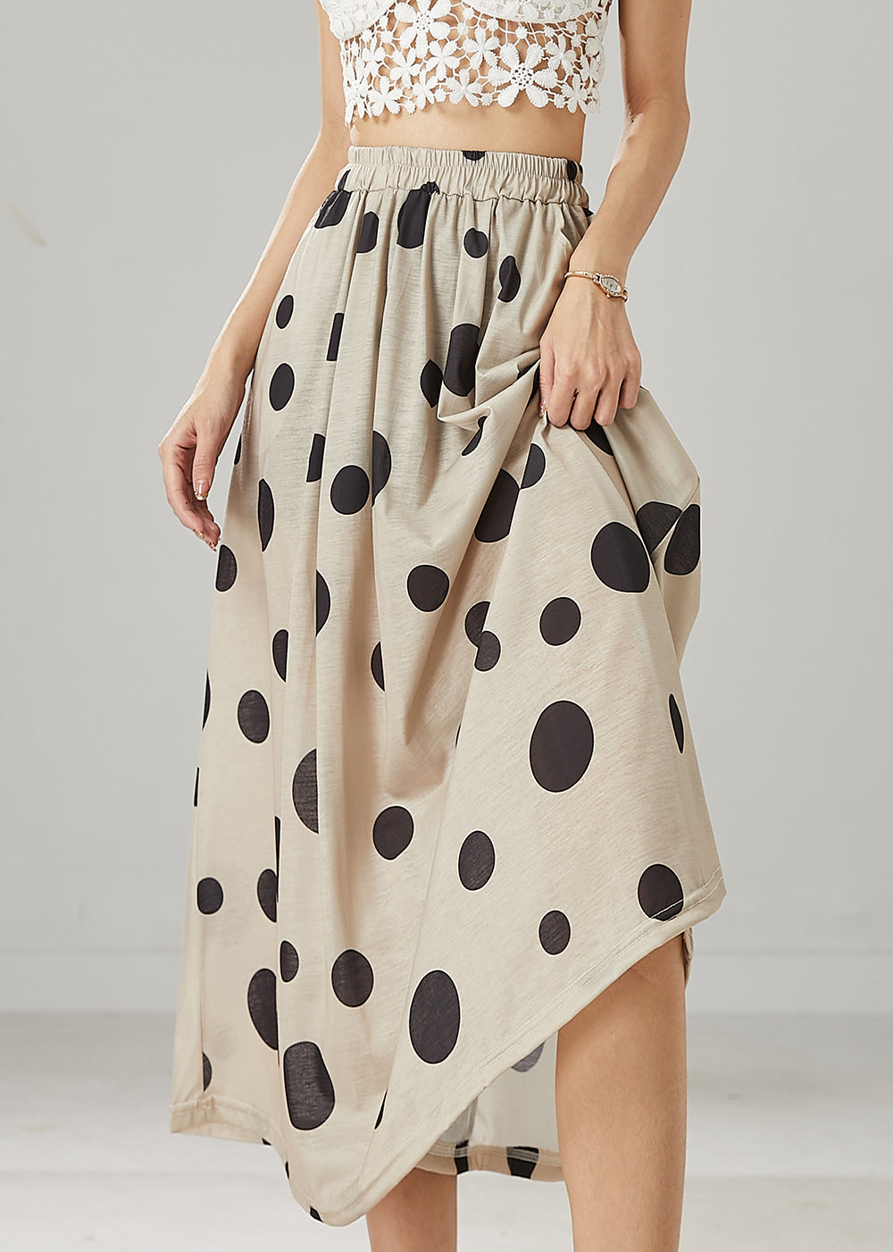 Modern Khaki Dot Print Linen A Line Skirt Summer YU1008