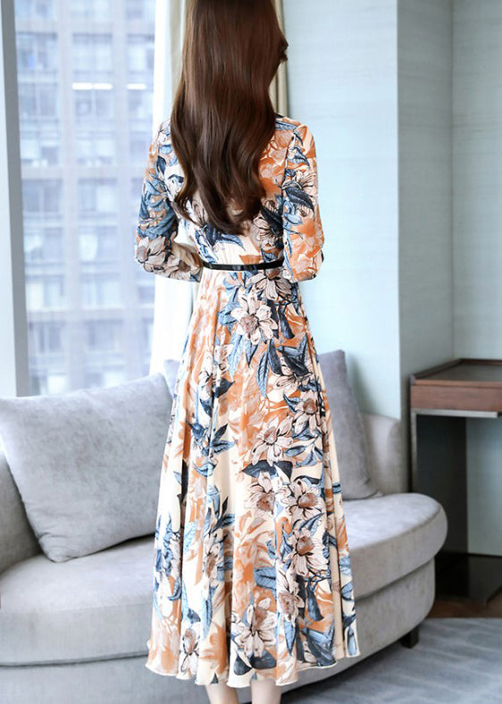 Modern Khaki Print Tie Waist Chiffon Dresses Spring OO023