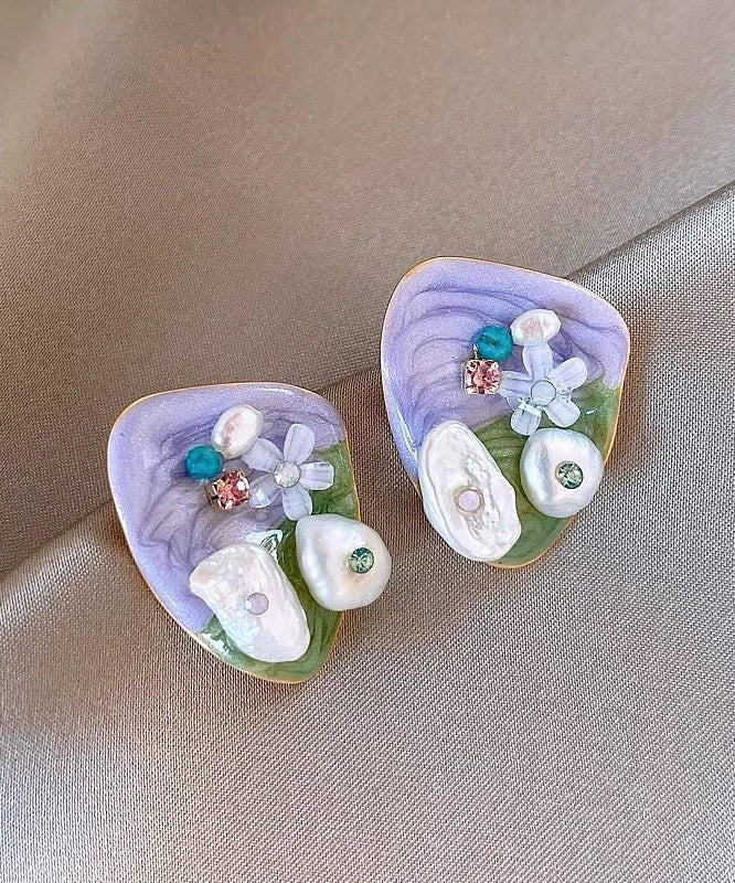 Floral Rice Alloy Stud Purple Light Beads Earrings Modern Zircon