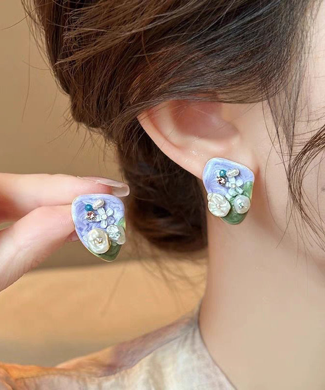 Floral Rice Alloy Stud Purple Light Beads Earrings Modern Zircon