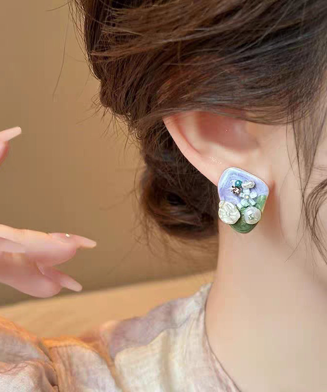 Floral Rice Alloy Stud Purple Light Beads Earrings Modern Zircon