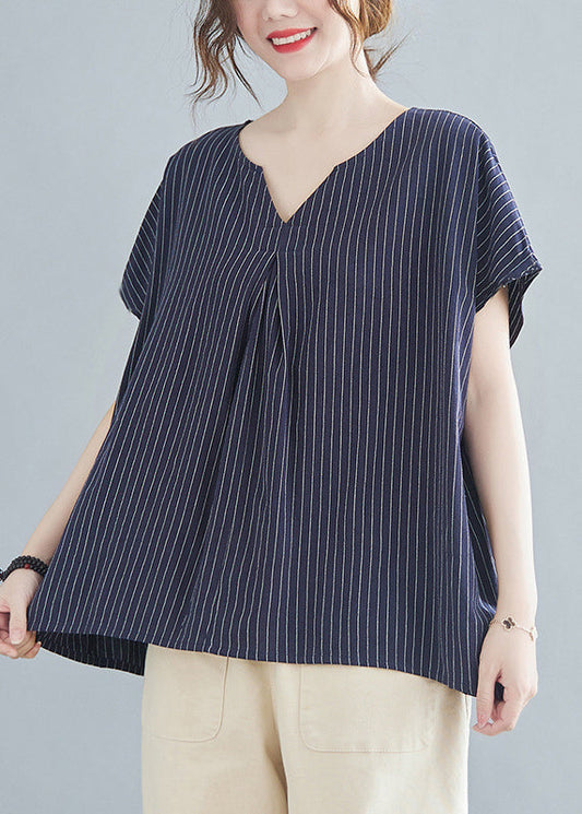 Neck Navy Blue V Sleeve Modern Top Short Striped