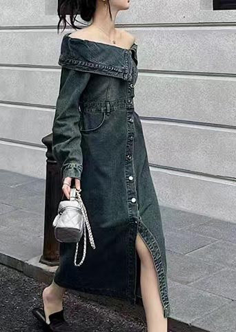 Side Cold Shoulder Modern Open Summer Navy Denim Dresses