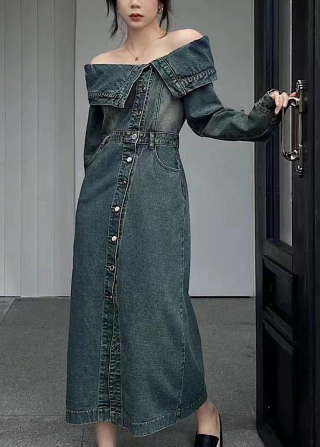 Side Cold Shoulder Modern Open Summer Navy Denim Dresses