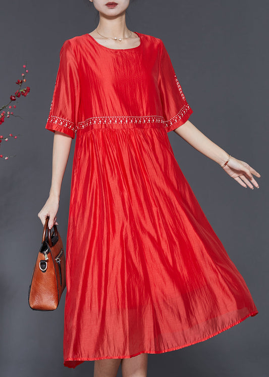 Modern Orange Embroidered Linen Silk Dress Summer SD1094