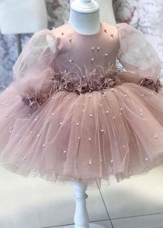 Modern Pink Patchwork Floral Nail Bead Tulle Girls Maxi Dress Fall YG023