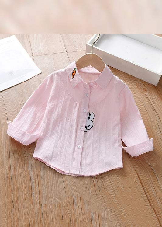 Modern Pink Peter Pan Collar Print Cotton Girls Blouse Long Sleeve YU1033