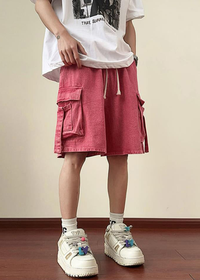 Summer Shorts Pink Men Pockets Waist Elastic Denim Modern