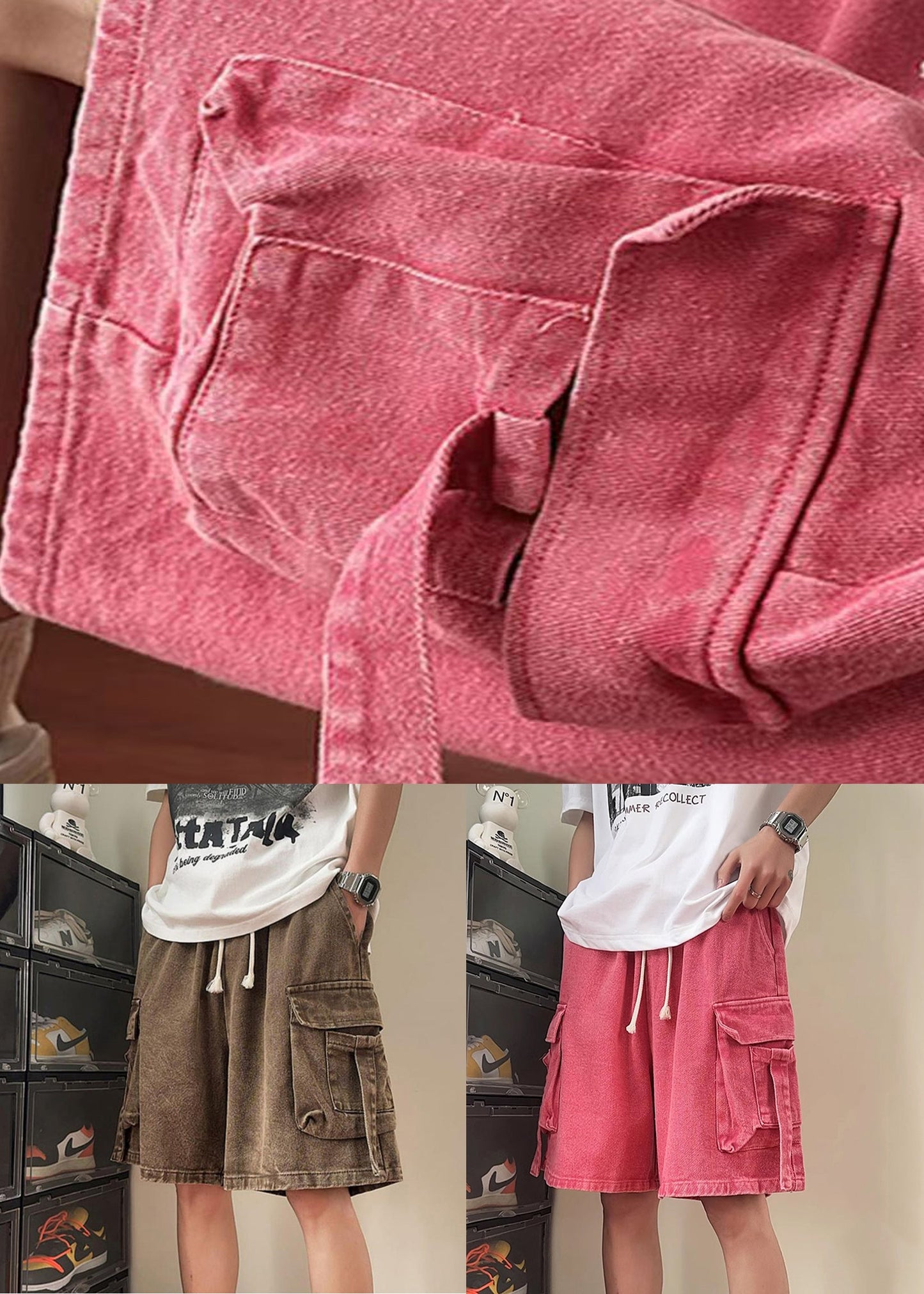 Summer Shorts Pink Men Pockets Waist Elastic Denim Modern