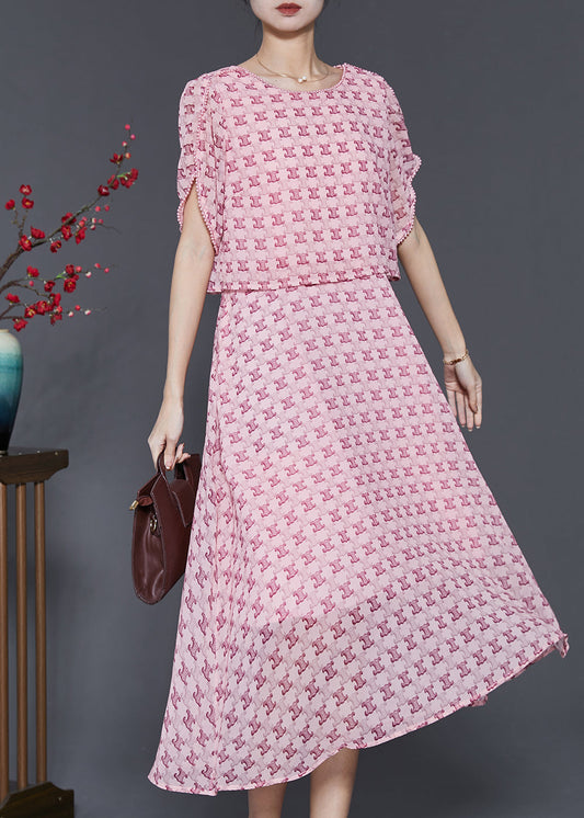 Modern Pink Print Silm Fit Fake Two Piece Dresses Summer SD1024