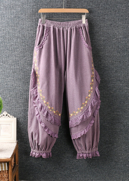 Modern Purple Embroidered Lace Ruffled Patchwork High Waist Lantern Pants VB1044