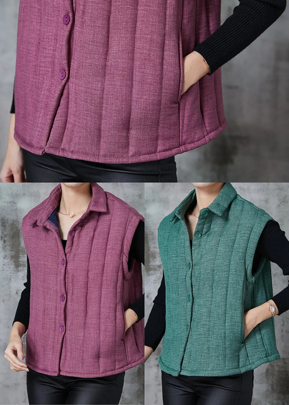 Modern Purple Peter Pan Collar Pockets Fine Cotton Filled Vests Spring Ada Fashion