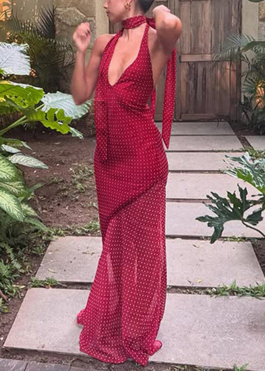 Patchwork Modern Red Sleeveless Neck Dress Long Tulle V