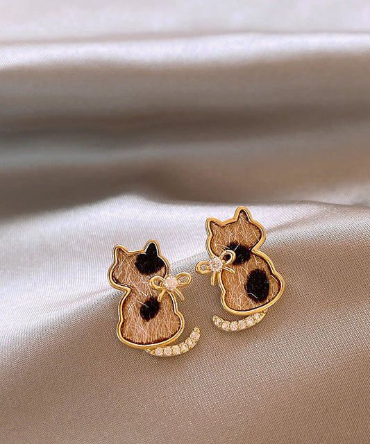 Stud Earrings Modern Little Srerling Cats Silver Zircon Overgild