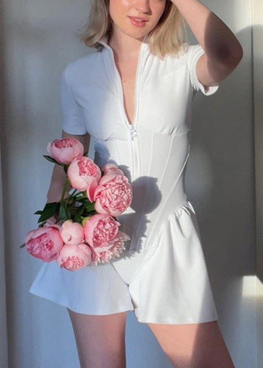 Bodysuit Modern White Zippered Collar Tops Stand