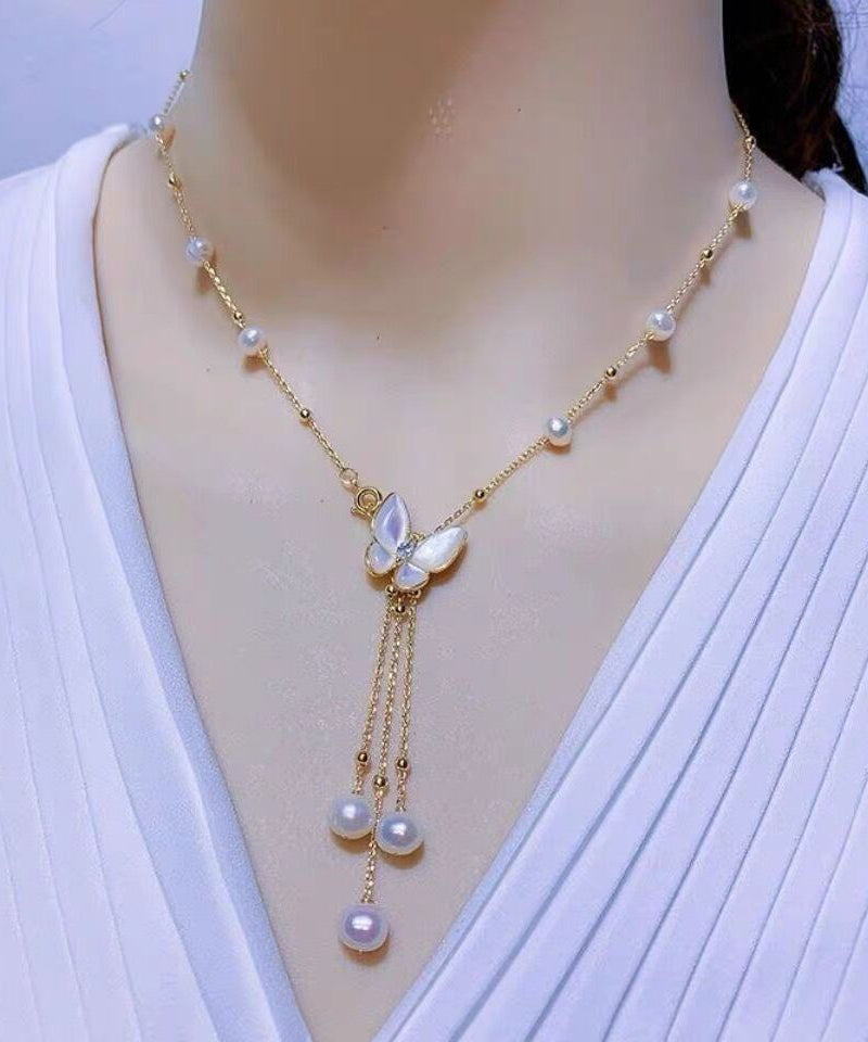 Modern White Sterling Silver Alloy Pearl Butterfly Tassel Pendant Necklace WF026