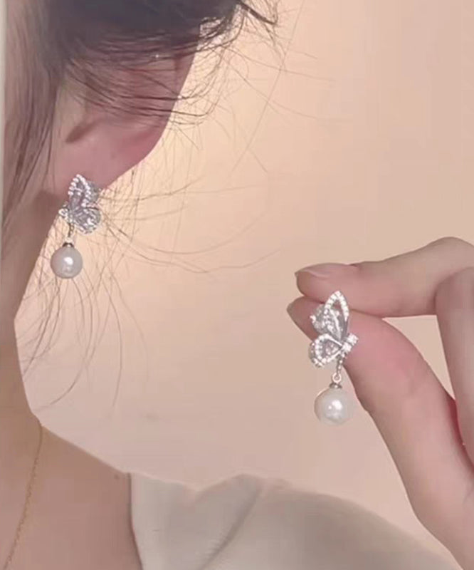 Drop Silver Modern White Out Hollow Zircon Sterling Butterfly