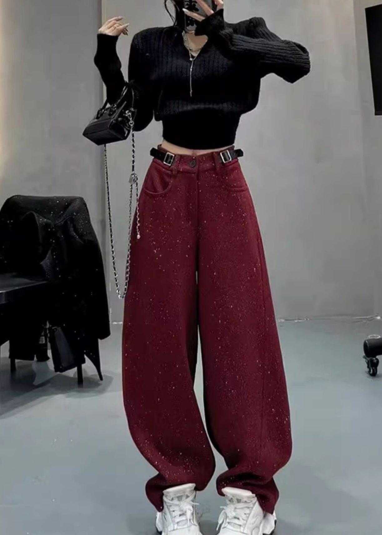 Mulberry Woolen Warm Fleece Wide Leg Pants Sequins Spring YK033