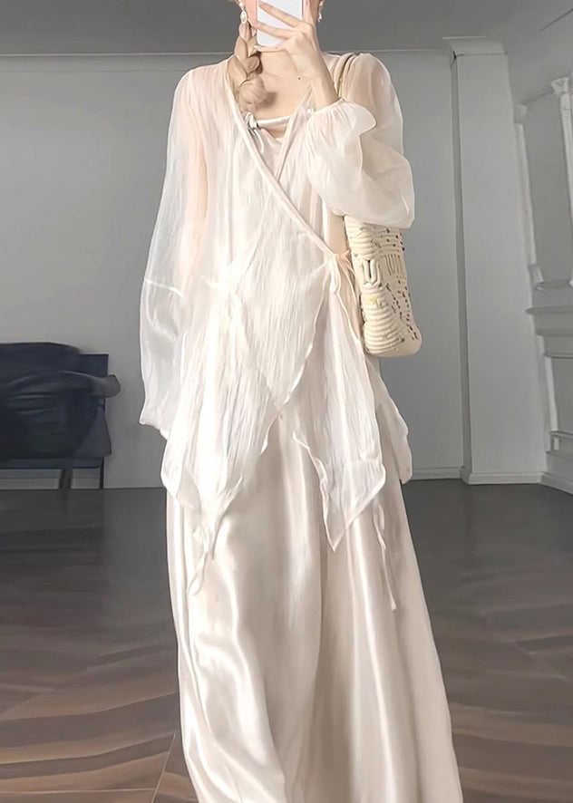 50+ Natural Lantern Waist Coat V Neck UPF Chiffon Tie Apricot