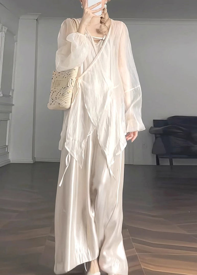 50+ Natural Lantern Waist Coat V Neck UPF Chiffon Tie Apricot